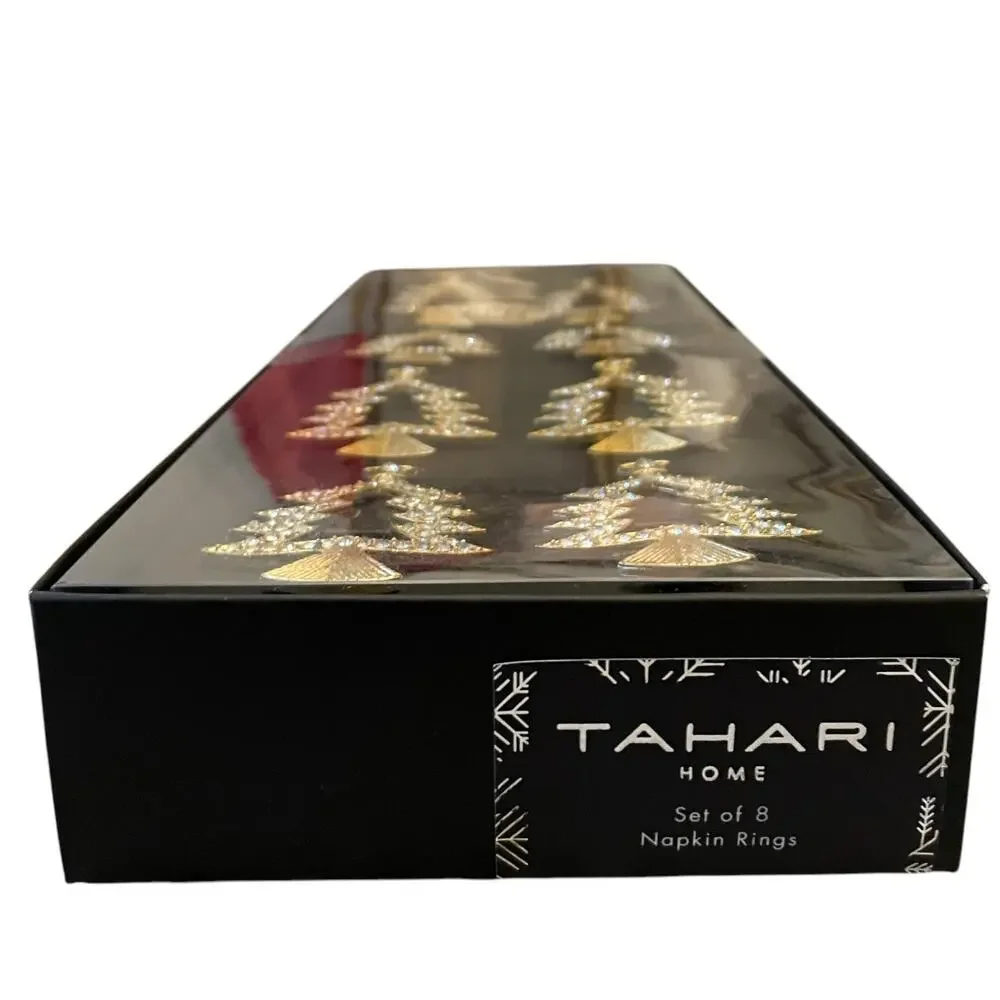 TAHARI Home Gold Rhinestone Christmas Tree Shaped Napkin Rings Set of 8 New - Picture 9 of 15